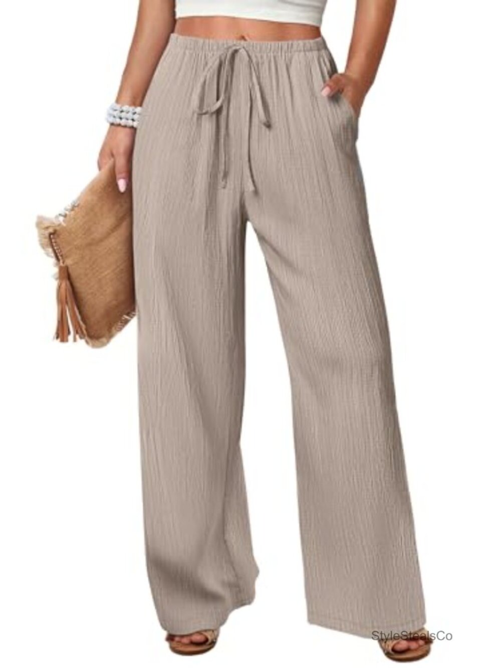 Wide Leg Palazzo Pants Elastic Waist Flowy Beach Lounge Trousers